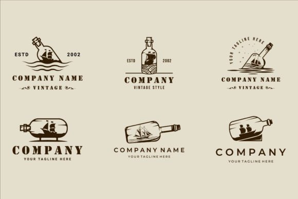 Set of Sailing Ship Inside Bottle Logo: A Versatile Vintage Graphic Design Asset